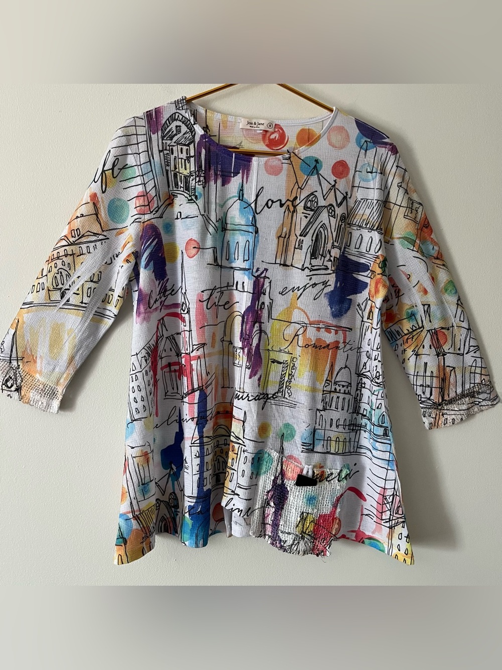 Jess & Jane White Multicolor Graphic Top Lagenlook Asymmetrical Artsy Mesh S